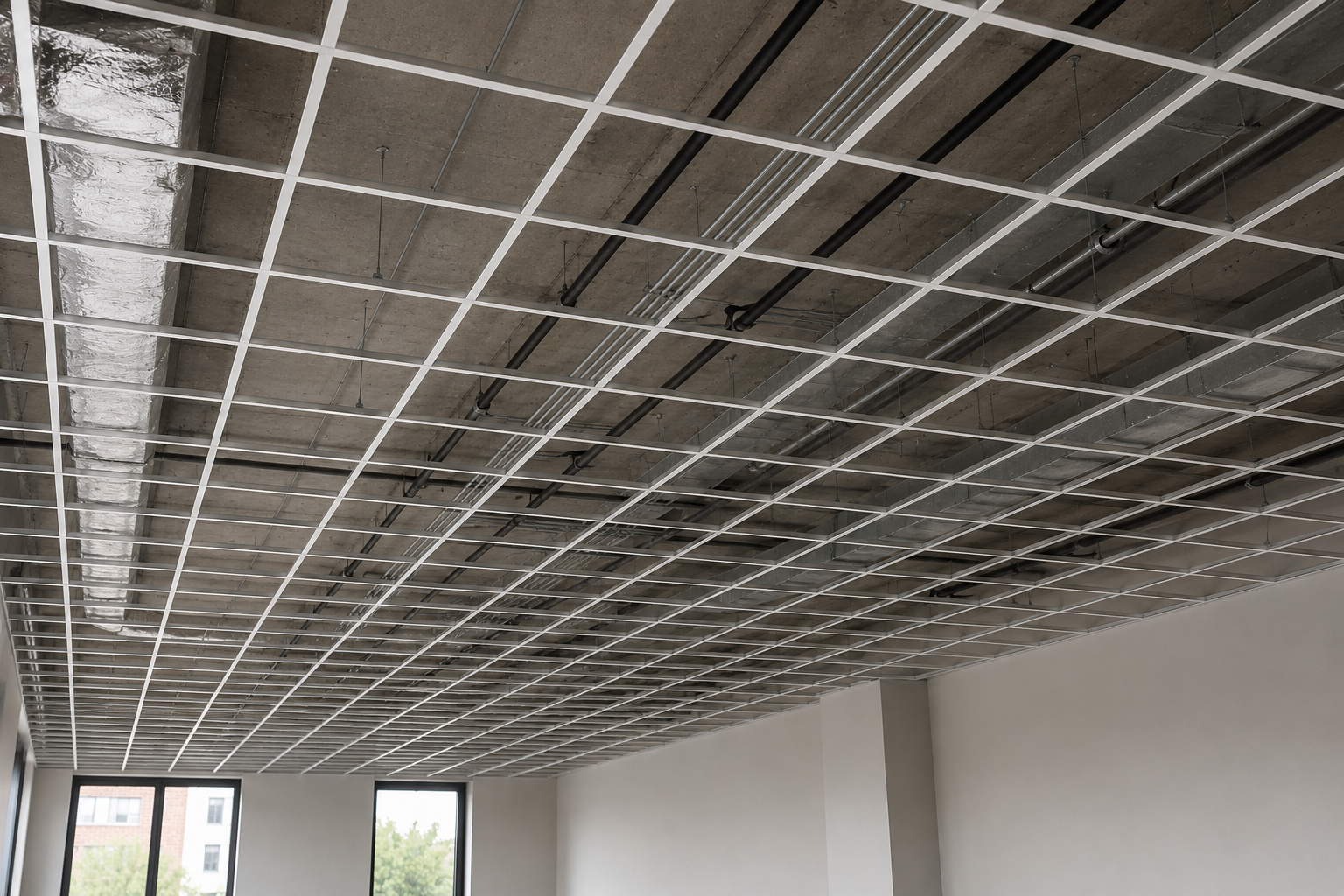 Suspended T-bar drop ceiling grid
