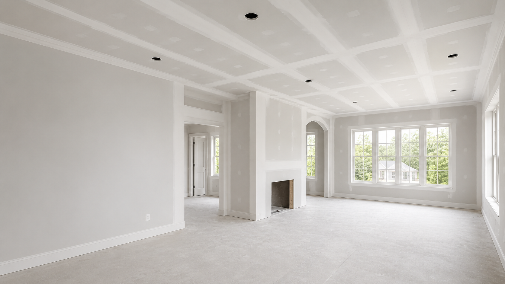 Freshly drywalled great room with a coffered ceiling, fireplace, and large windows in a Calgary home by Shyam Drywall